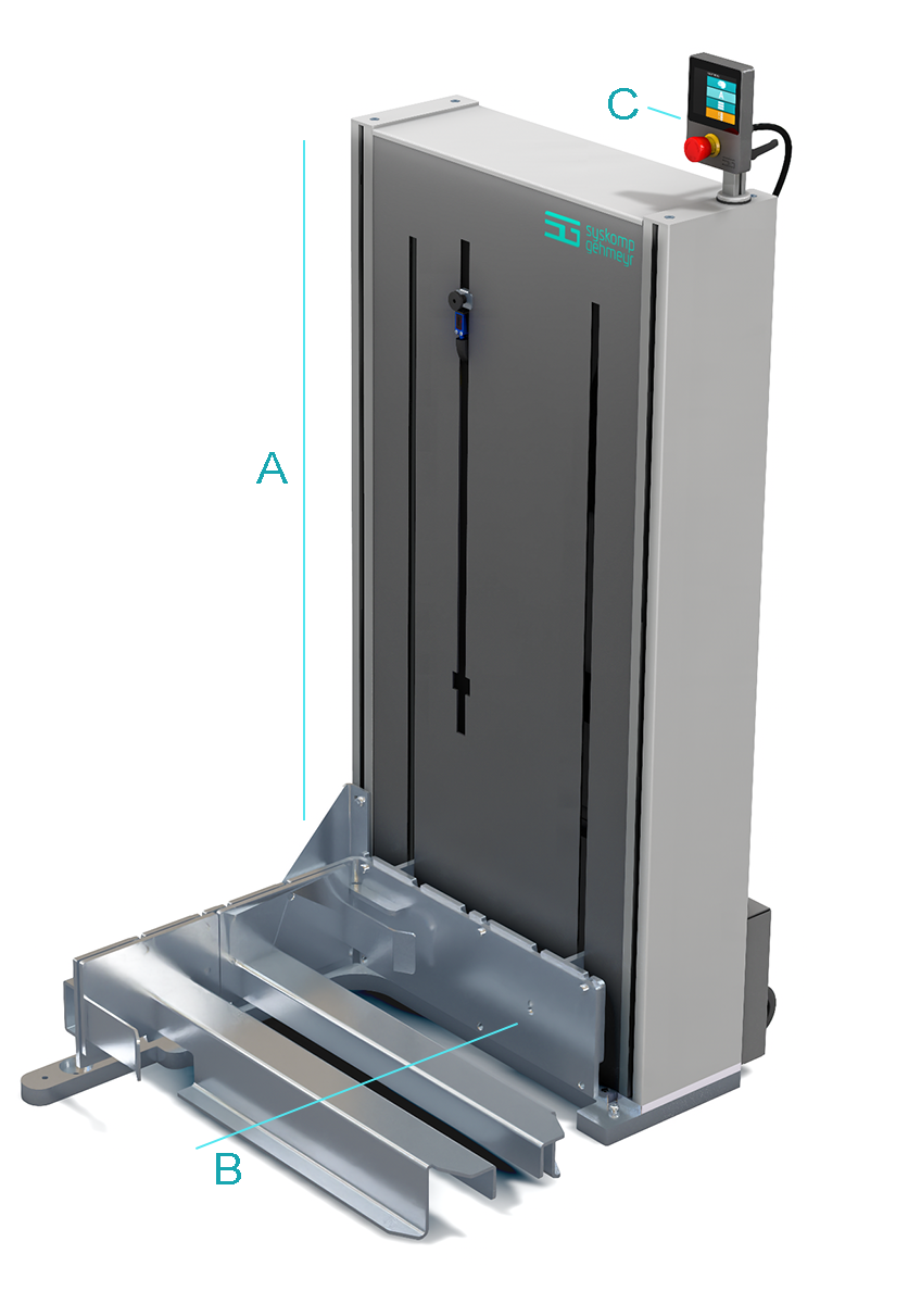 Zeigt die Darstellung der Abmessungen des Hubgeräts